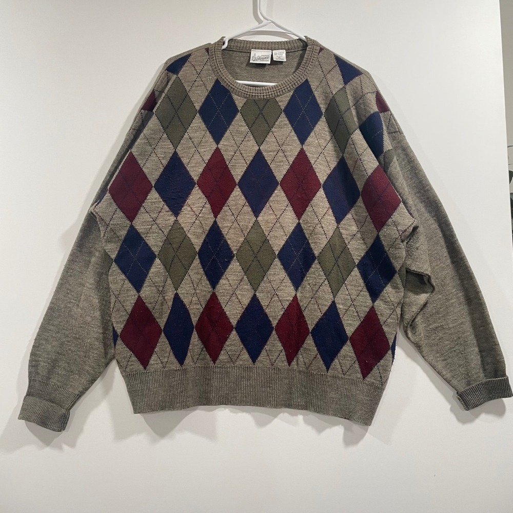 Maglificio Florence Mens Argyle Wool Blend Sweater XL Made in Italy Vintage